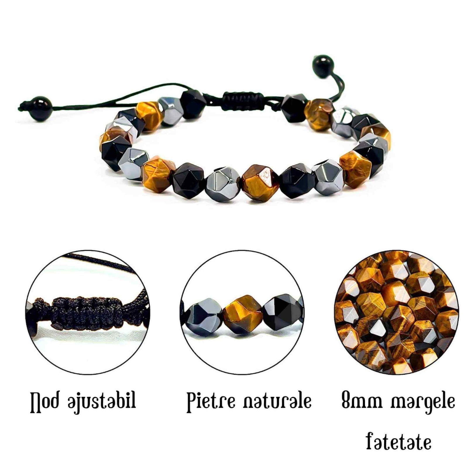 Bratara de tripla protectie lucrata manual din piatra fatetata naturala - Hematita, ochi de tigru si obsidian negru 8mm - Cadouri spirituale pentru curaj