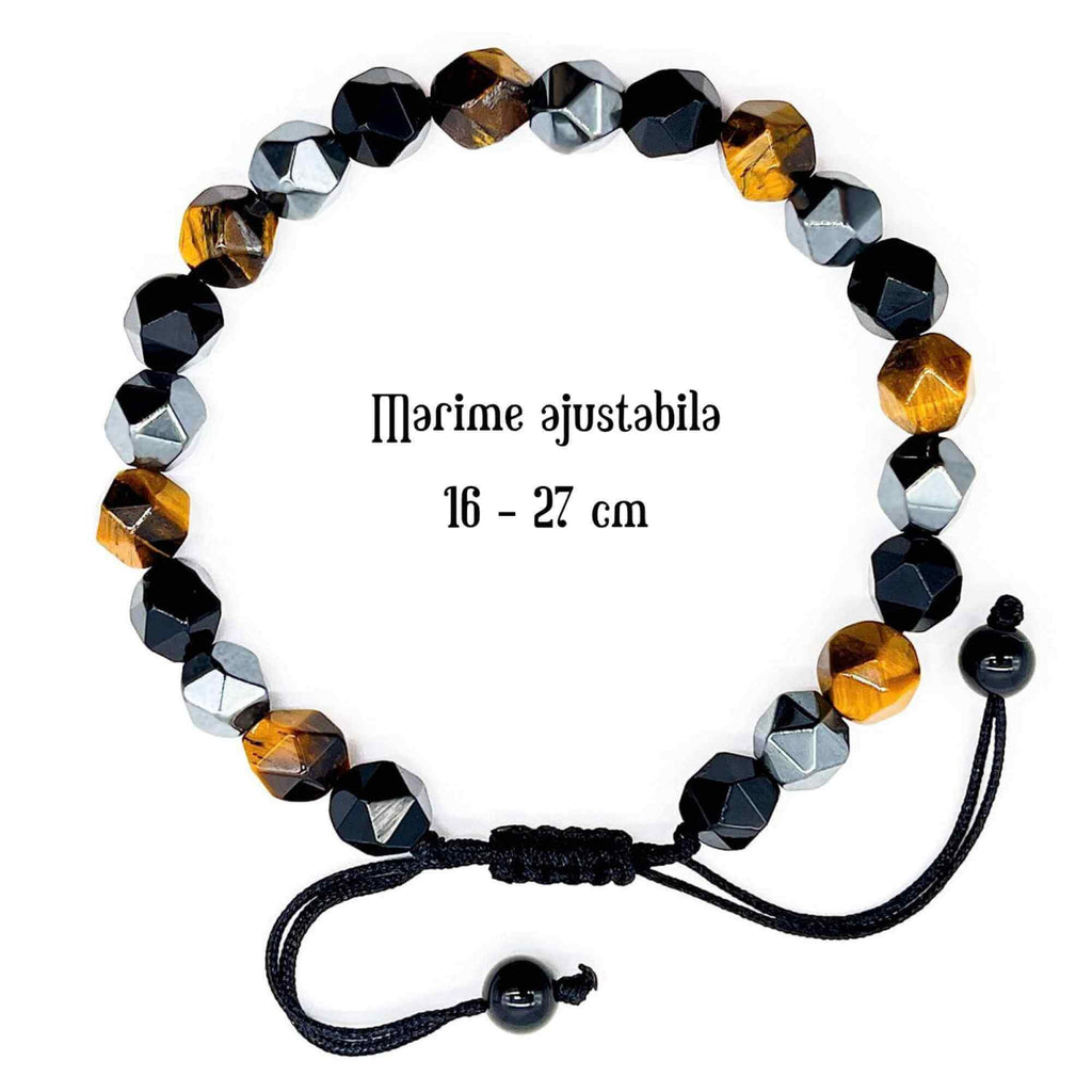 Bratara de tripla protectie lucrata manual din piatra fatetata naturala - Hematita, ochi de tigru si obsidian negru 8mm - Cadouri spirituale pentru curaj