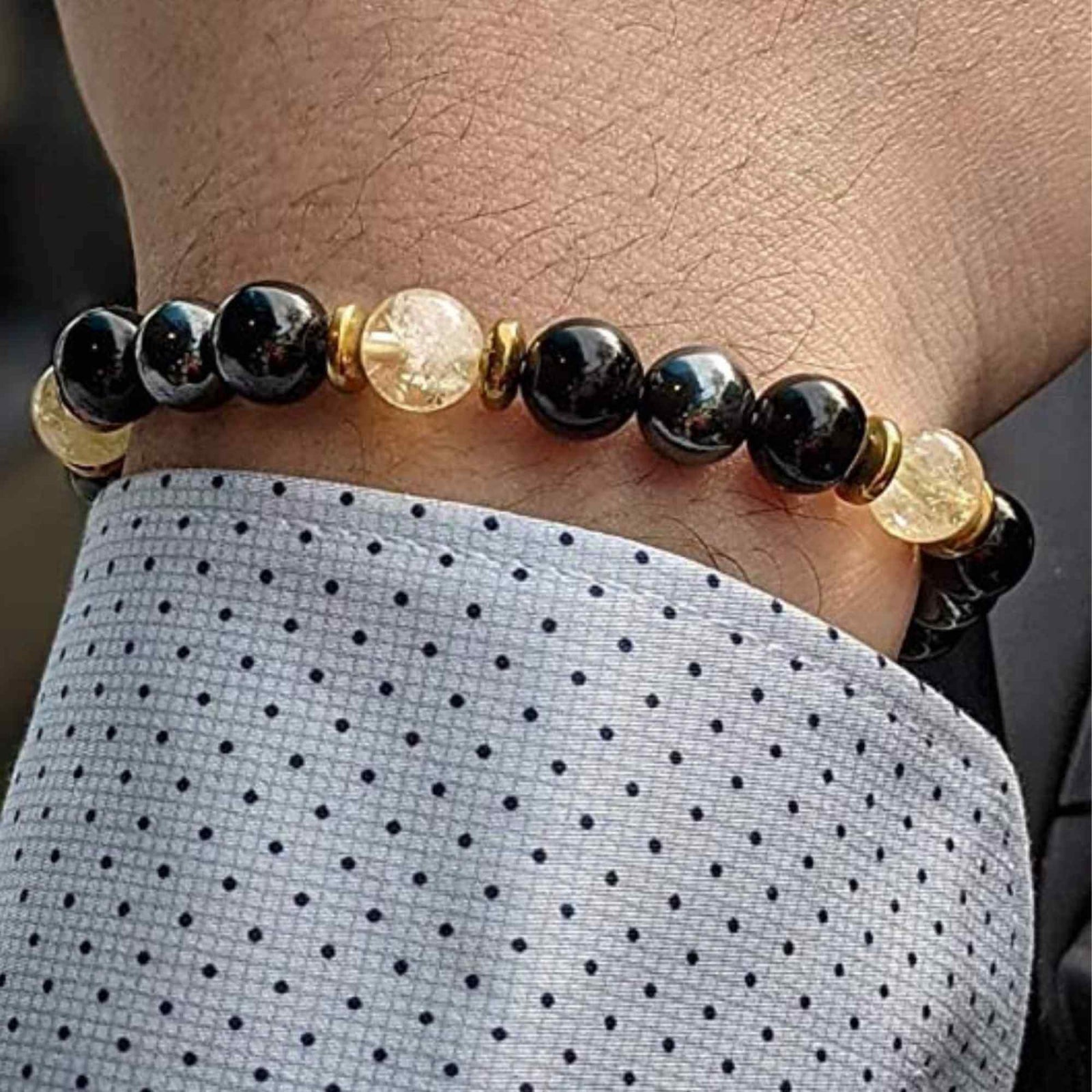 Bratara Feng Shui cu cristale naturale de citrin, hematita si obisidian negru de 8 mm - Generator de bogatie si atractie norocoasa a banilor, prosperitate
