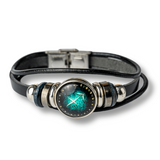 Bratara Zodiacala ajustabila din Piele Sintetica cu Cabochon Rotund – Simbol Astrologic Personalizat pentru Energie si Identitate Astrala