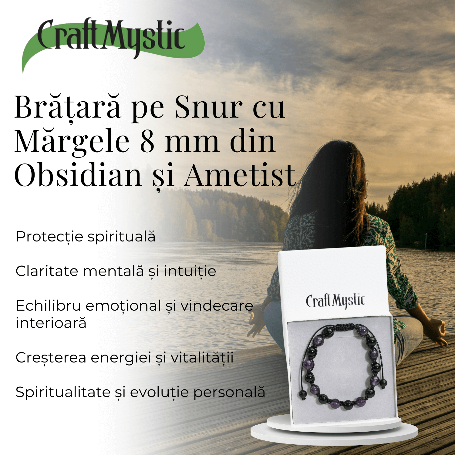 Bratara Reglabila cu Obsidian si Ametist 8mm
