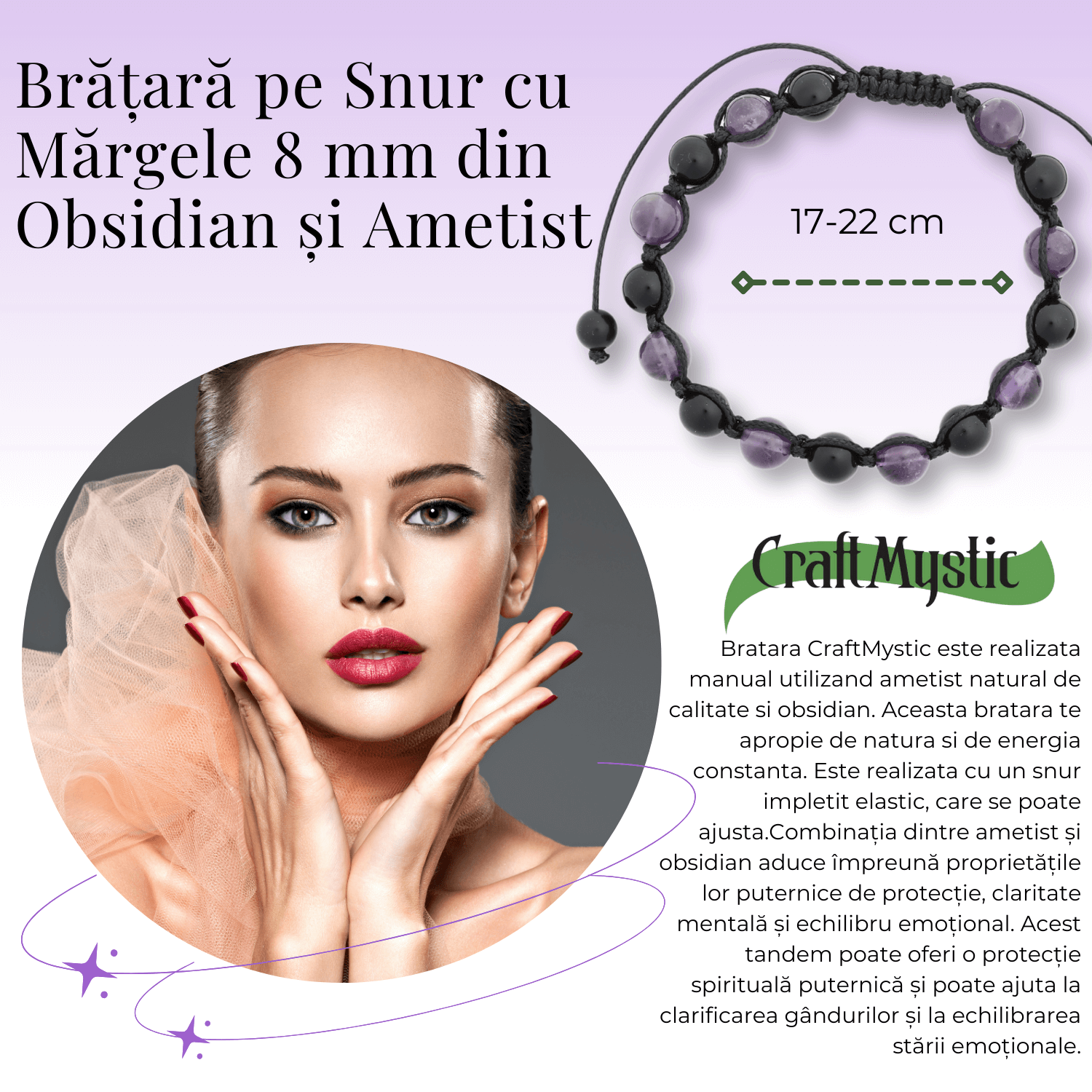 Bratara Reglabila cu Obsidian si Ametist 8mm