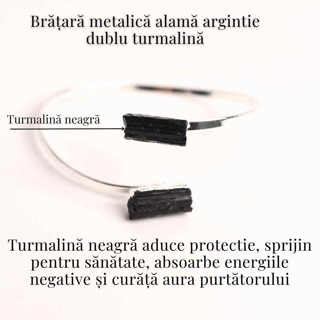 Bratara Metalica Argintie cu Dublu Turmalina, Protectie si Echilibru
