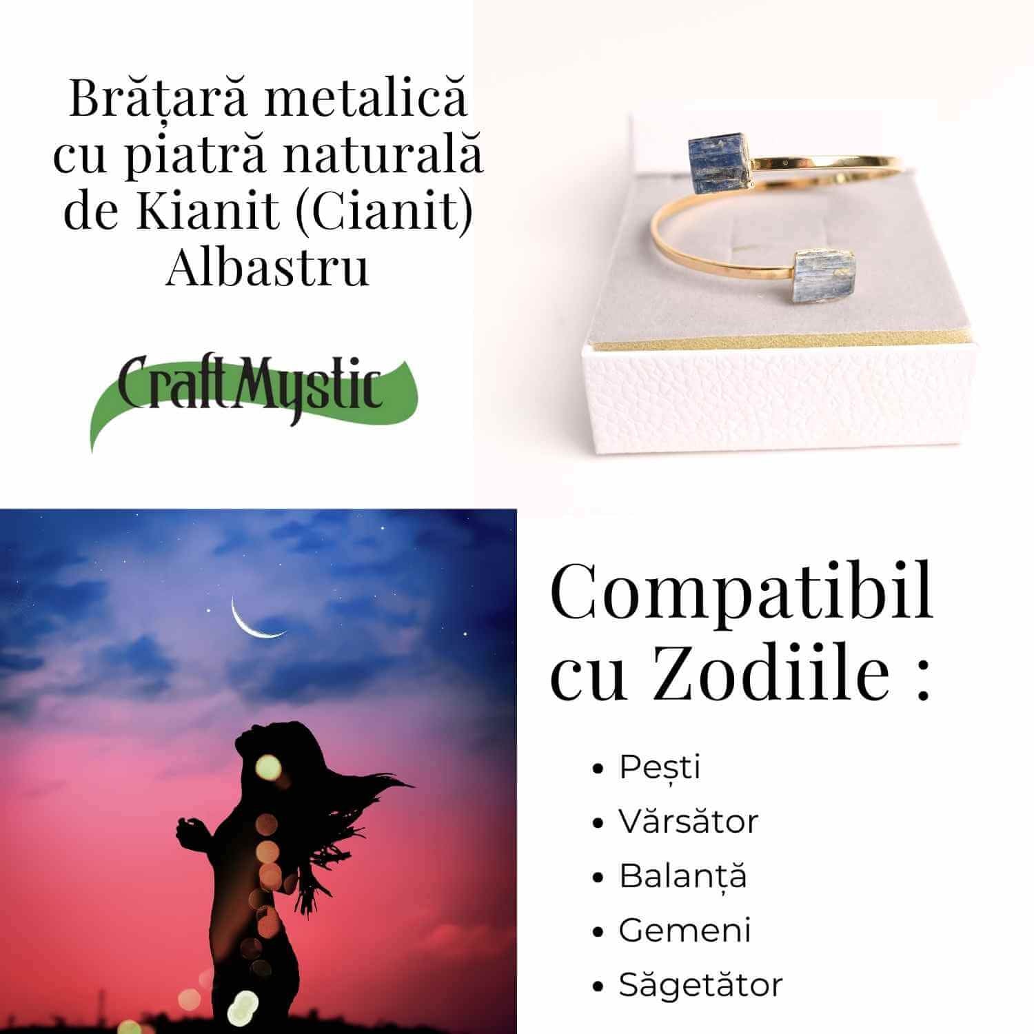 Bratara Metalica Aurie cu Dublu Kianit (cianit) Albastru, Claritate si Armonie