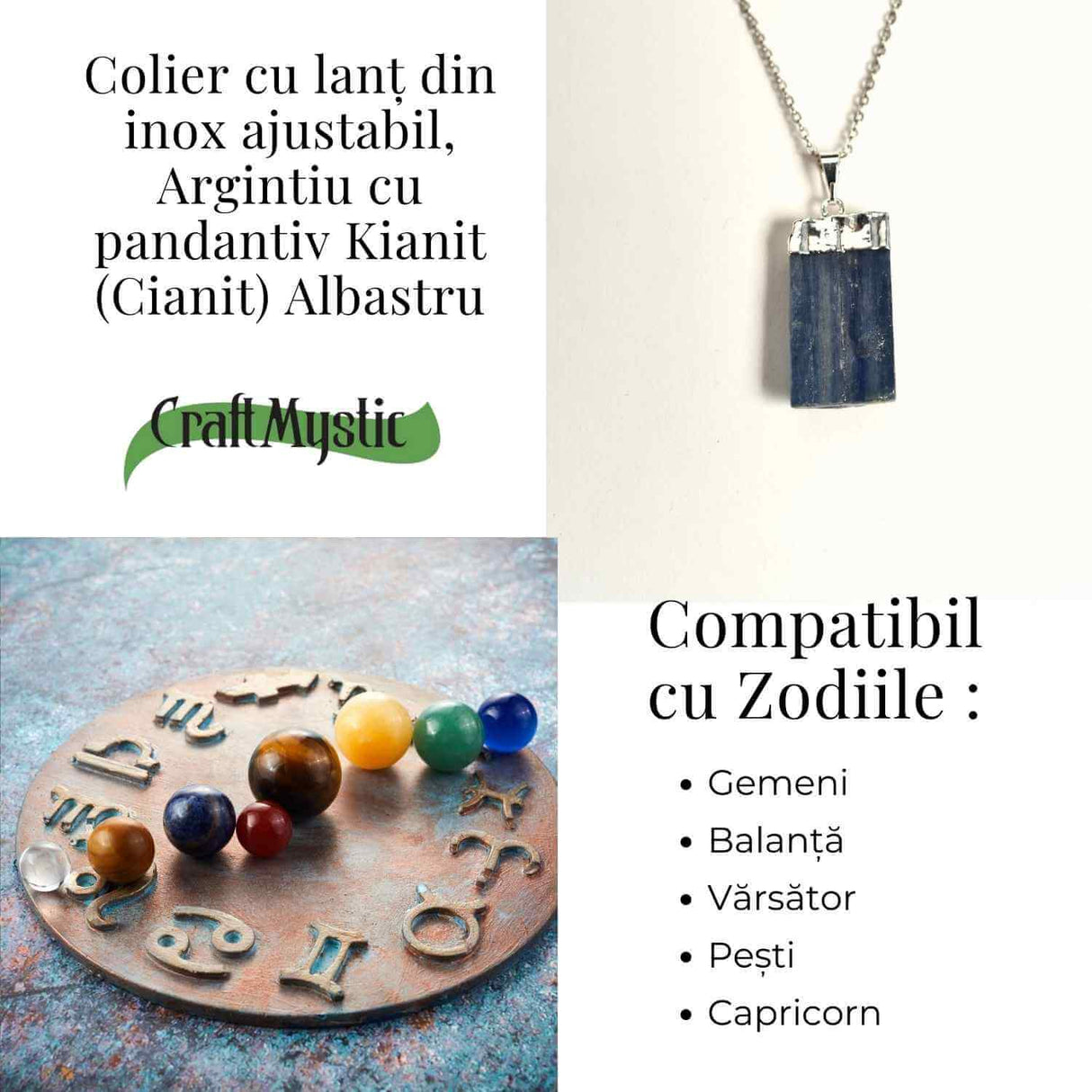 Colier argintiu cu pandantiv Kianit (Cianit) albastru – Echilibru si Conexiune Spirituala