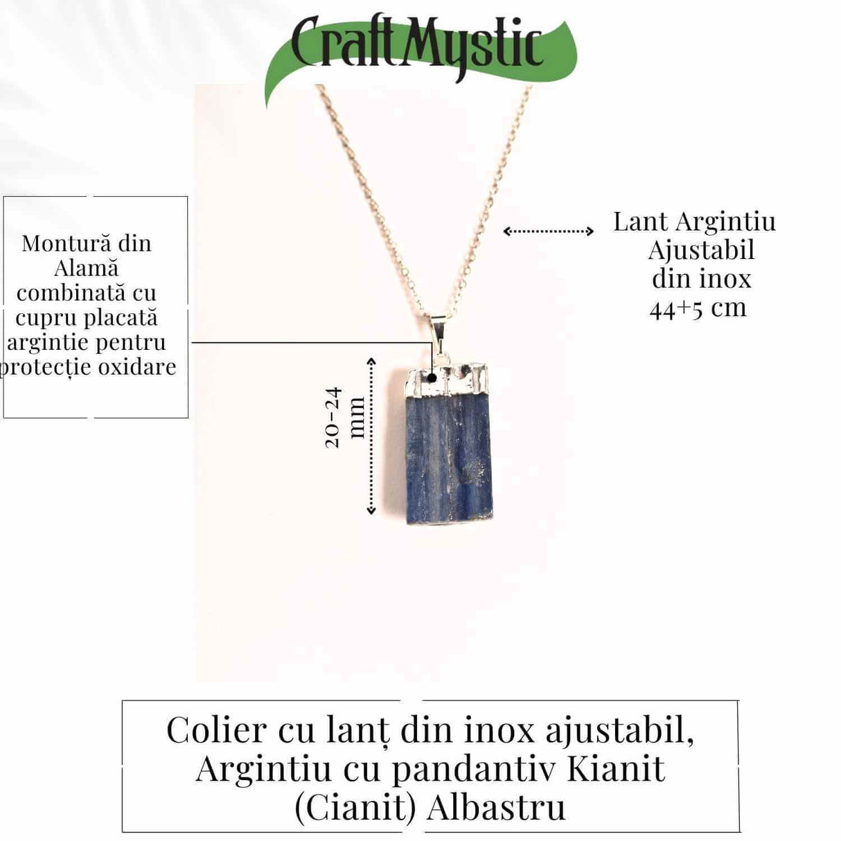 Colier argintiu cu pandantiv Kianit (Cianit) albastru – Echilibru si Conexiune Spirituala