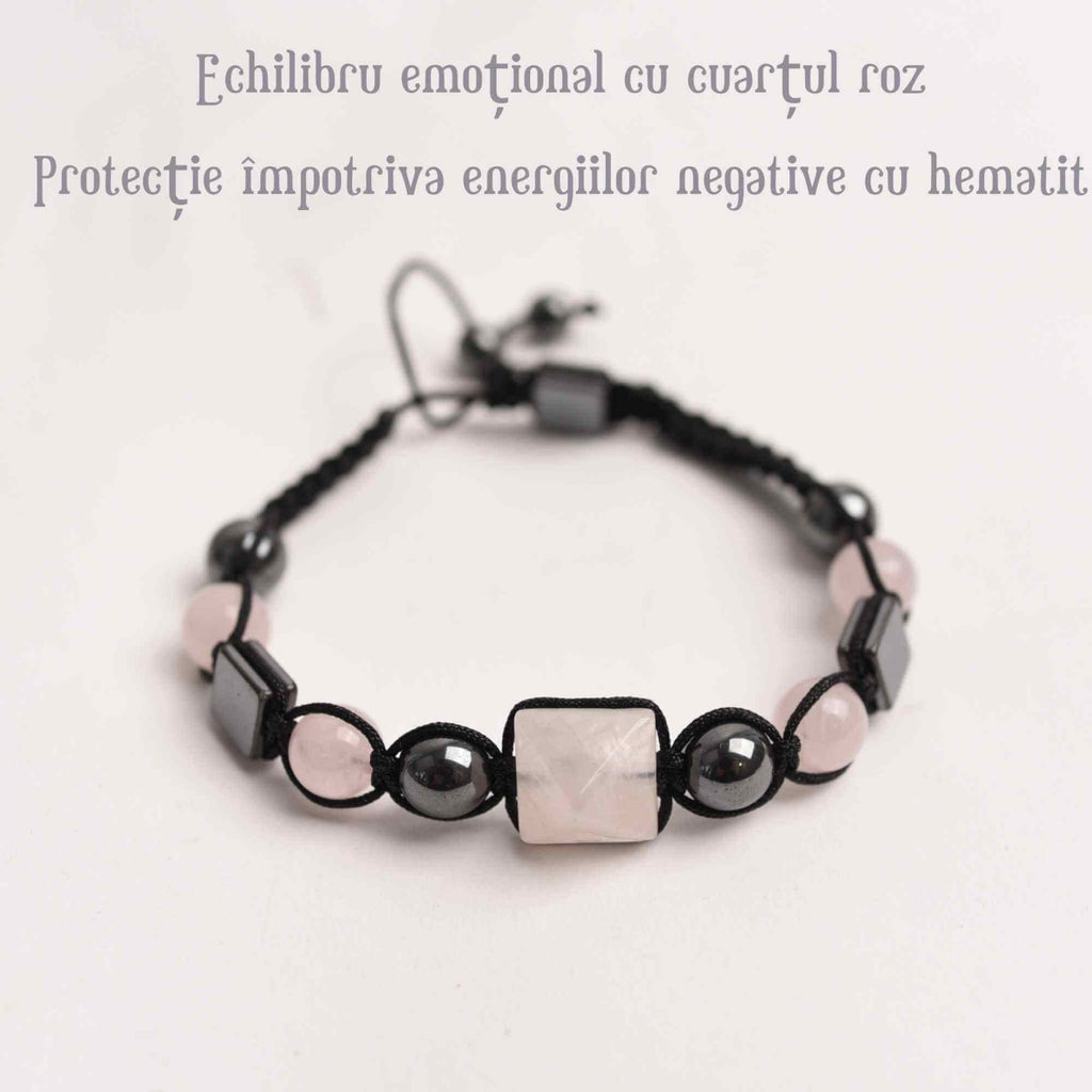 Bratara Ajustabila Impletita cu Margele din Cuart Roz si Hematit de 8mm si Forma de Piramida - Cadou Special