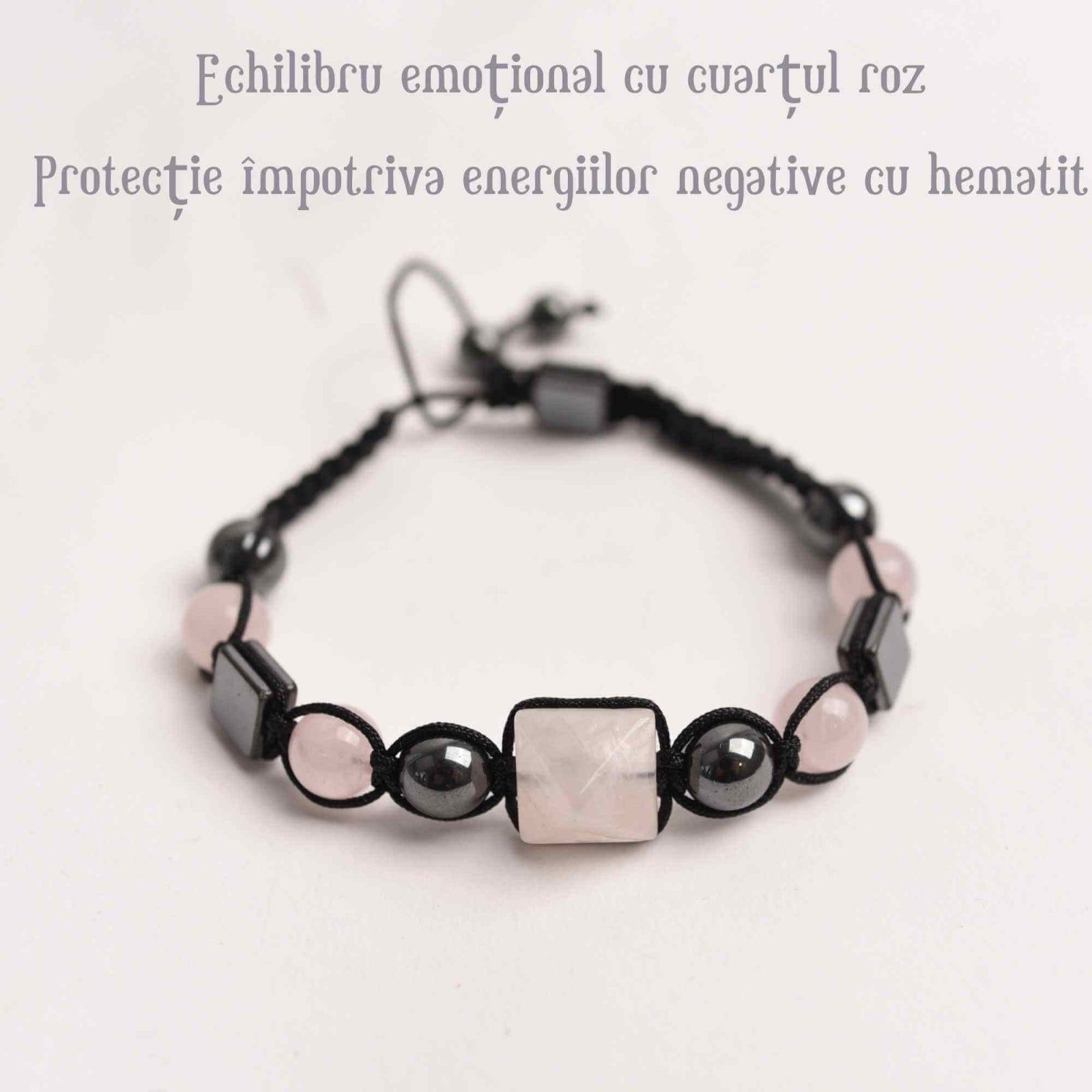 Bratara Ajustabila Impletita cu Margele din Cuart Roz si Hematit de 8mm si Forma de Piramida - Cadou Special