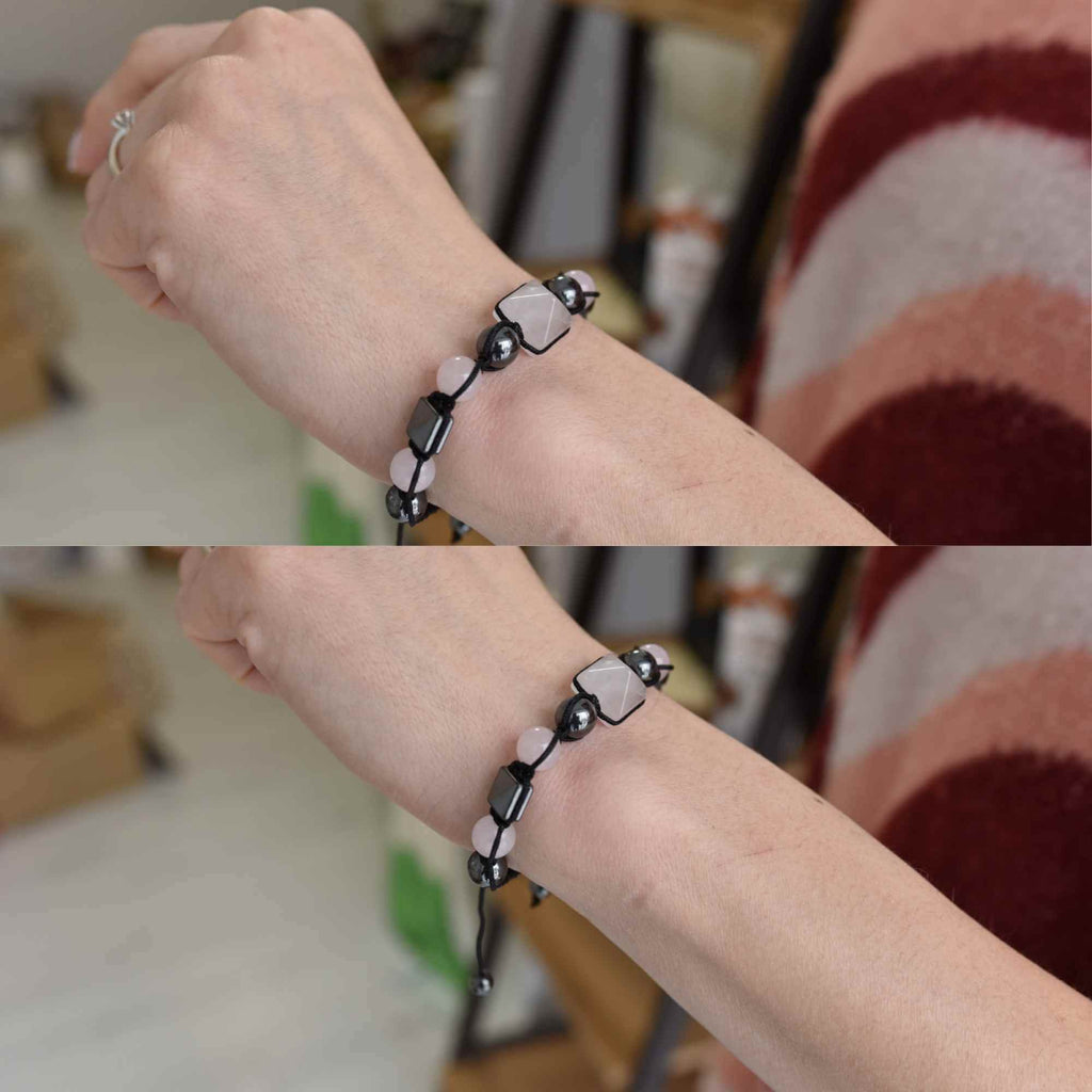Bratara Ajustabila Impletita cu Margele din Cuart Roz si Hematit de 8mm si Forma de Piramida - Cadou Special