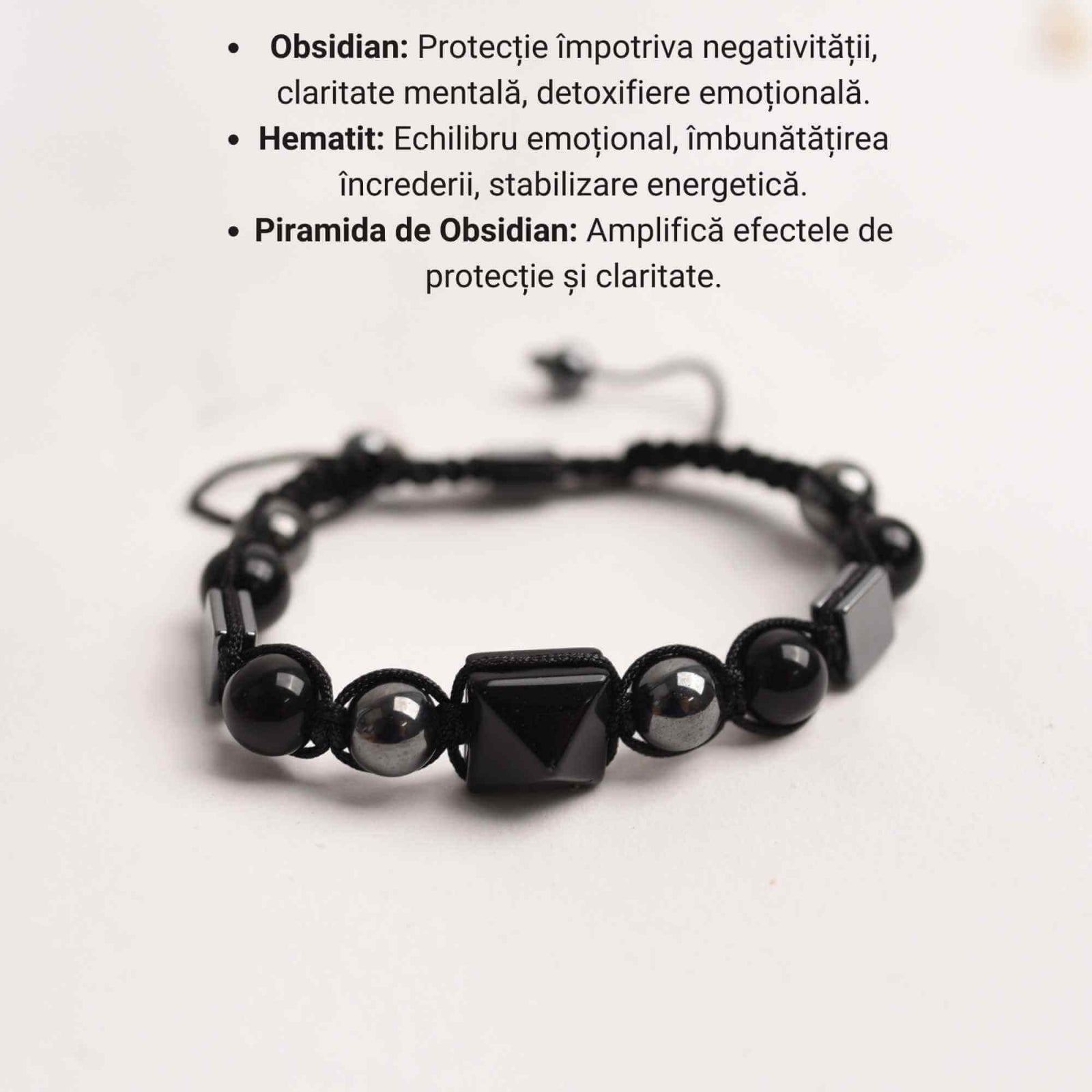 Bratara Ajustabila Impletita cu Margele de 8mm si Piramida din Obsidian si Hematit - Cadou cu Semnificatie