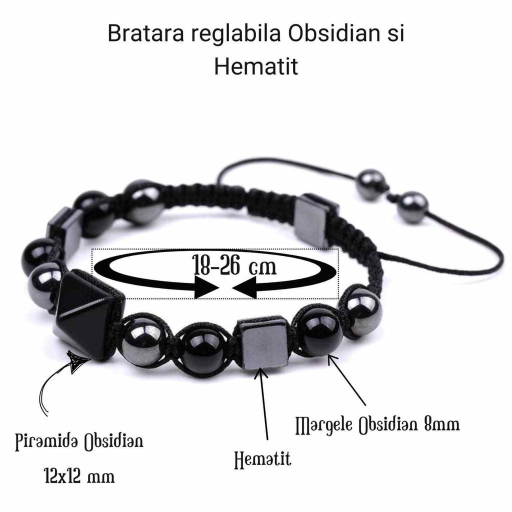 Bratara Ajustabila Impletita cu Margele de 8mm si Piramida din Obsidian si Hematit - Cadou cu Semnificatie