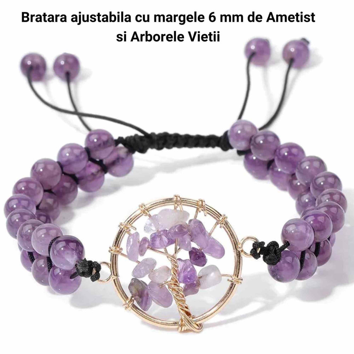 Bratara din Ametist Natural cu Simbolul 'Arborele Vietii' pentru Femei si Barbati Bijuterie Energetica de Vindecare si Meditatie Yoga, Ideala pentru Relaxare si Combaterea Anxietatii
