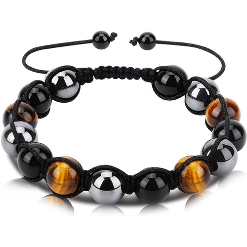 Bratara reglabila cu tripla protectie din obsidian negru, ochi de tigru si hematit 10 mm - bratara feng shui pentru protectie, noroc si prosperitate