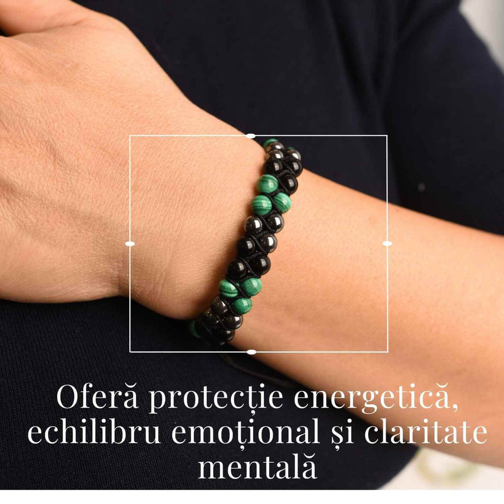 Bratara Tripla Protectie cu Cristale 6 mm de Malachit, Obsidian Negru si Hematit - Echilibru si Forta