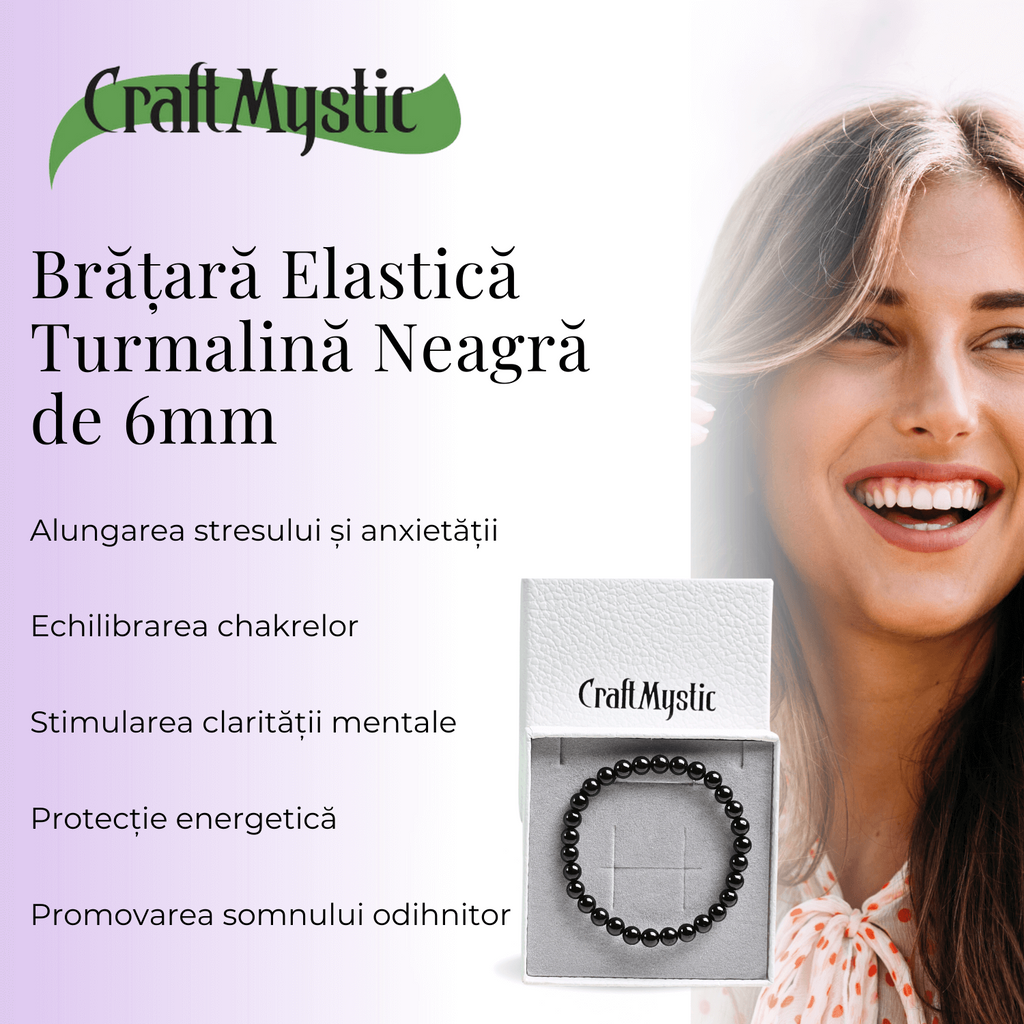 Bratara Elastica cu Margele de Turmalina Neagra de 6mm – Talisman Protector si Stilat