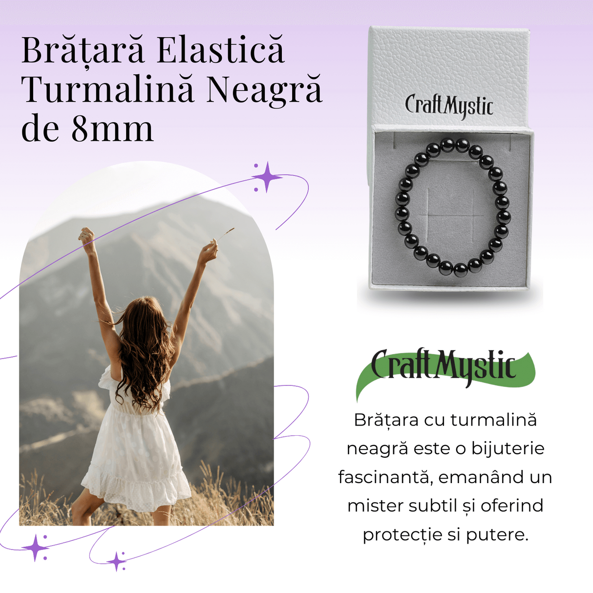 Bratara Elastica cu Margele de Turmalina Neagra de 8mm – Protectie si Echilibru