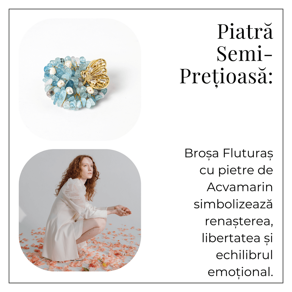 Brosa Fluture din Aliaj si Pietre Naturale de Acvamarin