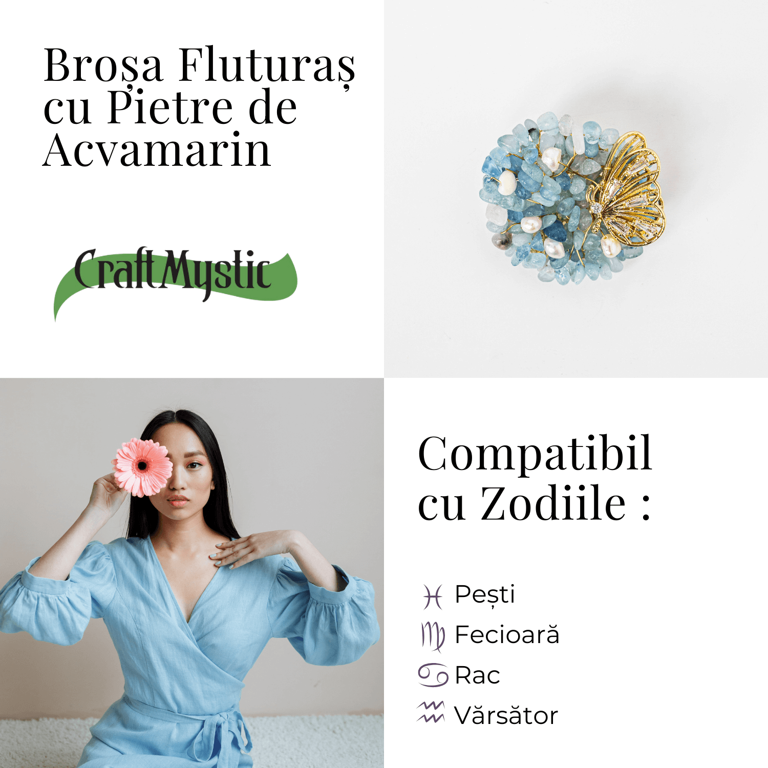 Brosa Fluture din Aliaj si Pietre Naturale de Acvamarin