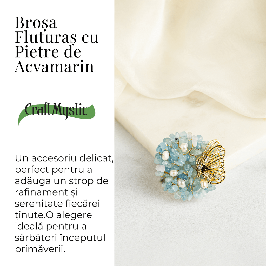 Brosa Fluture din Aliaj si Pietre Naturale de Acvamarin