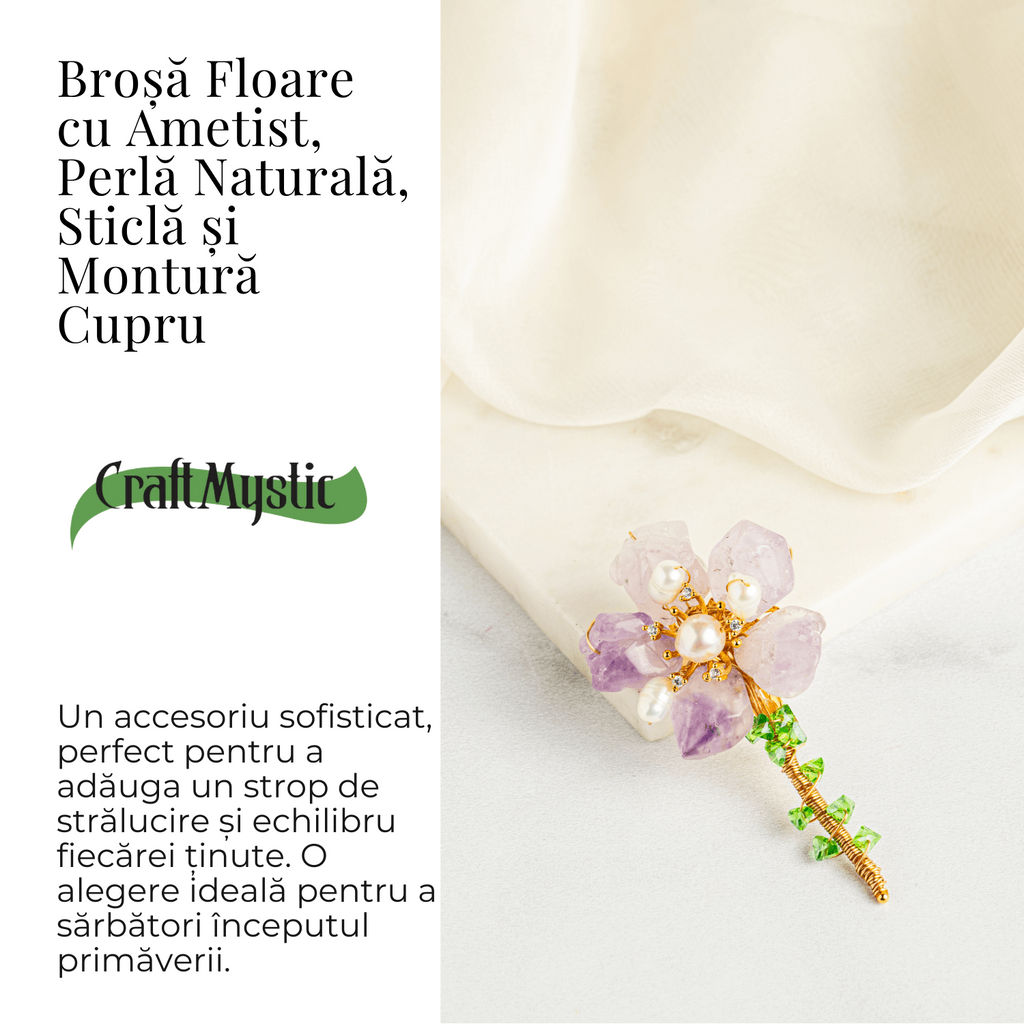 Brosa Floare Ametist cu Perla Naturala si Montura Cupru