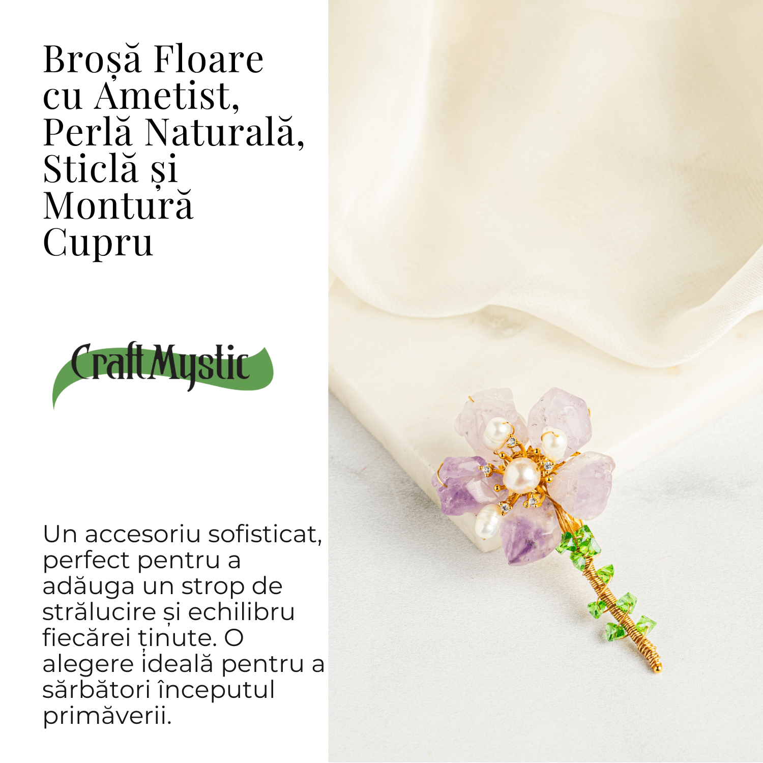 Brosa Floare Ametist cu Perla Naturala si Montura Cupru