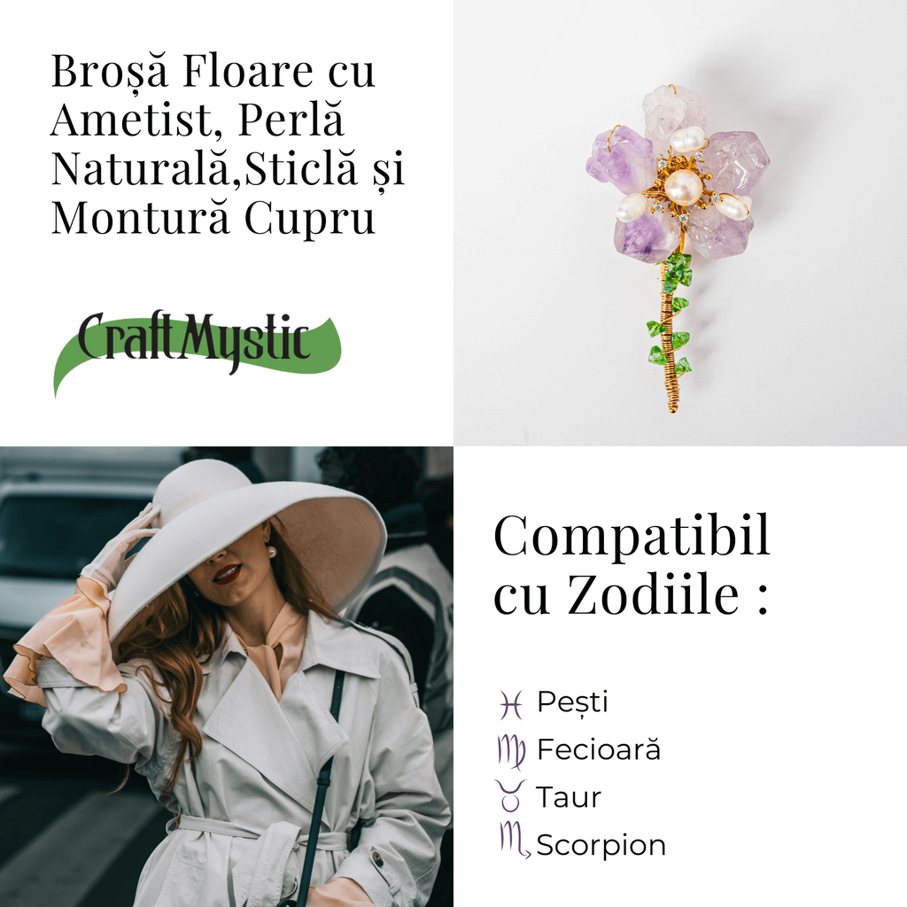 Brosa Floare Ametist cu Perla Naturala si Montura Cupru
