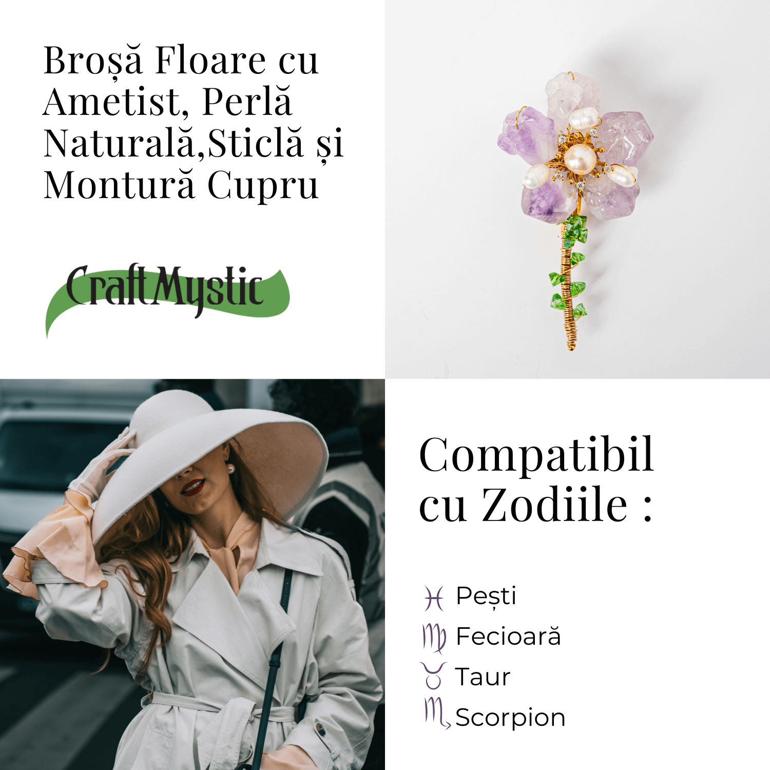 Brosa Floare Ametist cu Perla Naturala si Montura Cupru