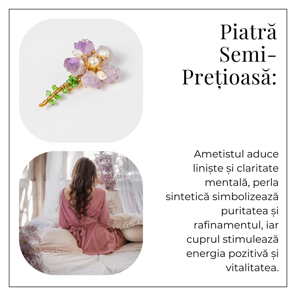 Brosa Floare Ametist cu Perla Naturala si Montura Cupru