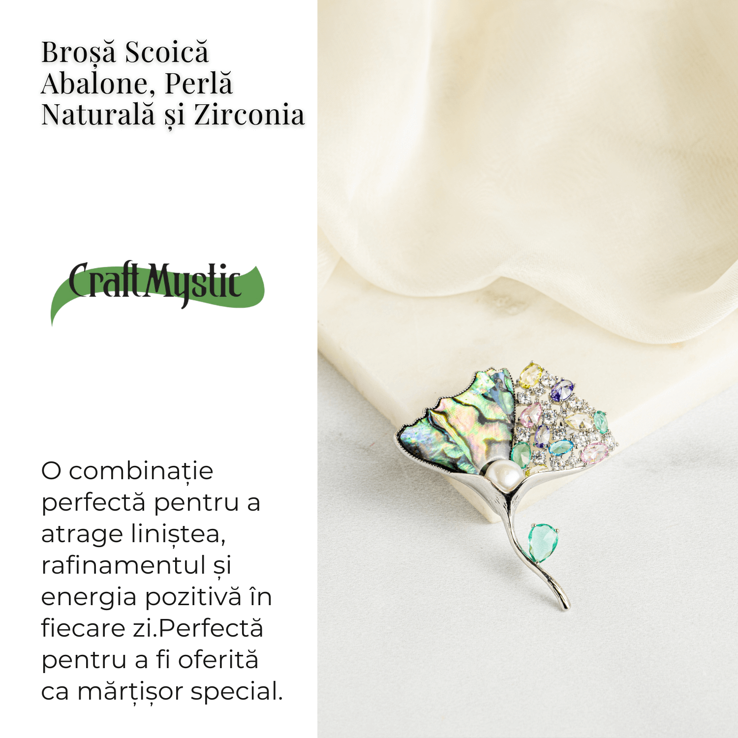 Brosa Scoica Abalone cu Perla Naturala si Zirconia