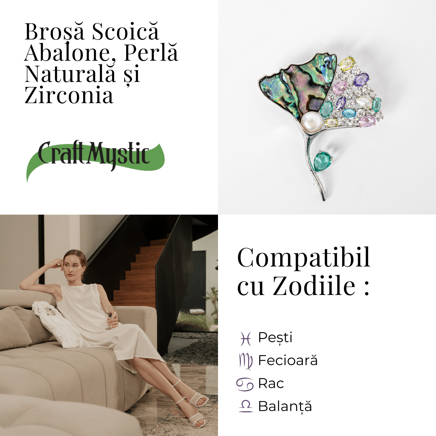 Brosa Scoica Abalone cu Perla Naturala si Zirconia