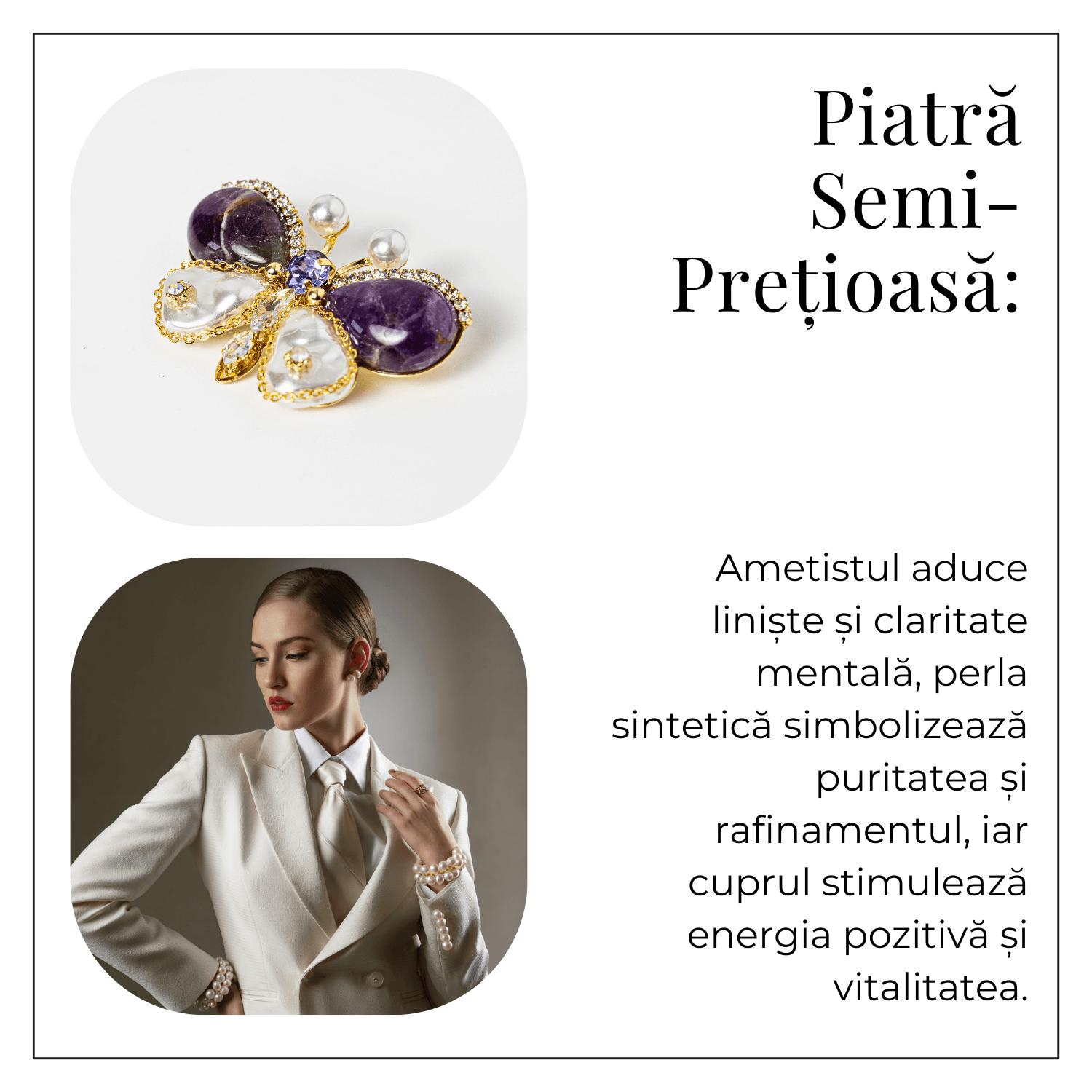 Brosa fluturas ametist cu perla sintetica si montura din cupru – Eleganta si echilibru