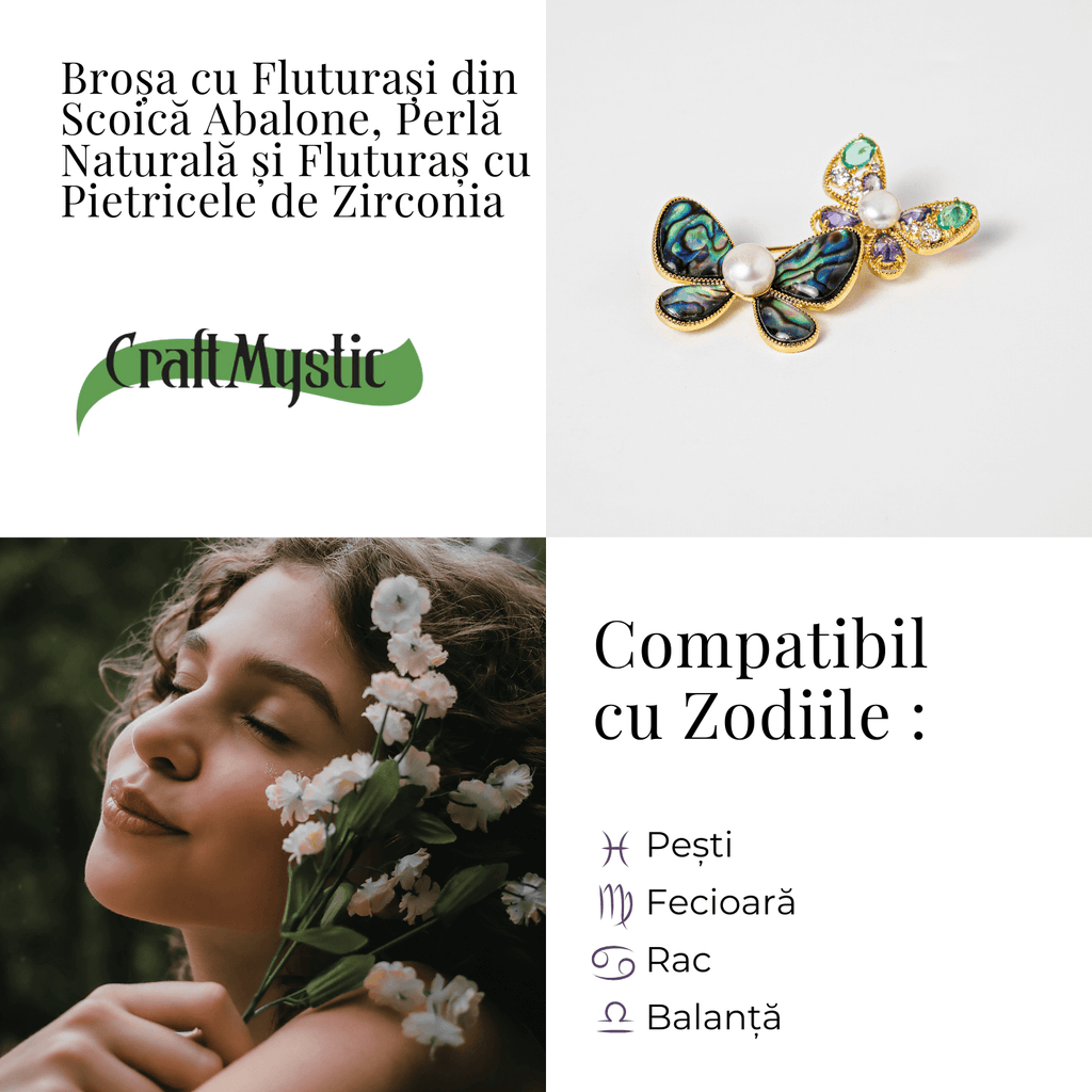 Brosa cu Fluturasi din Scoica Abalone, Perla Naturala si Fluturas cu Pietricele de Zirconia - Eleganta si Stralucire