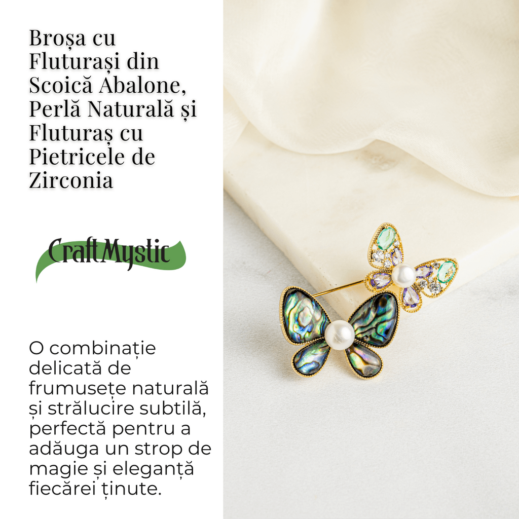 Brosa cu Fluturasi din Scoica Abalone, Perla Naturala si Fluturas cu Pietricele de Zirconia - Eleganta si Stralucire