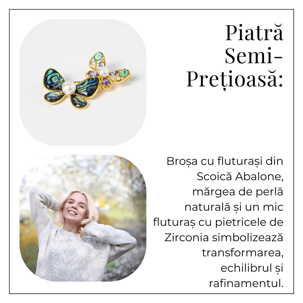 Brosa cu Fluturasi din Scoica Abalone, Perla Naturala si Fluturas cu Pietricele de Zirconia - Eleganta si Stralucire