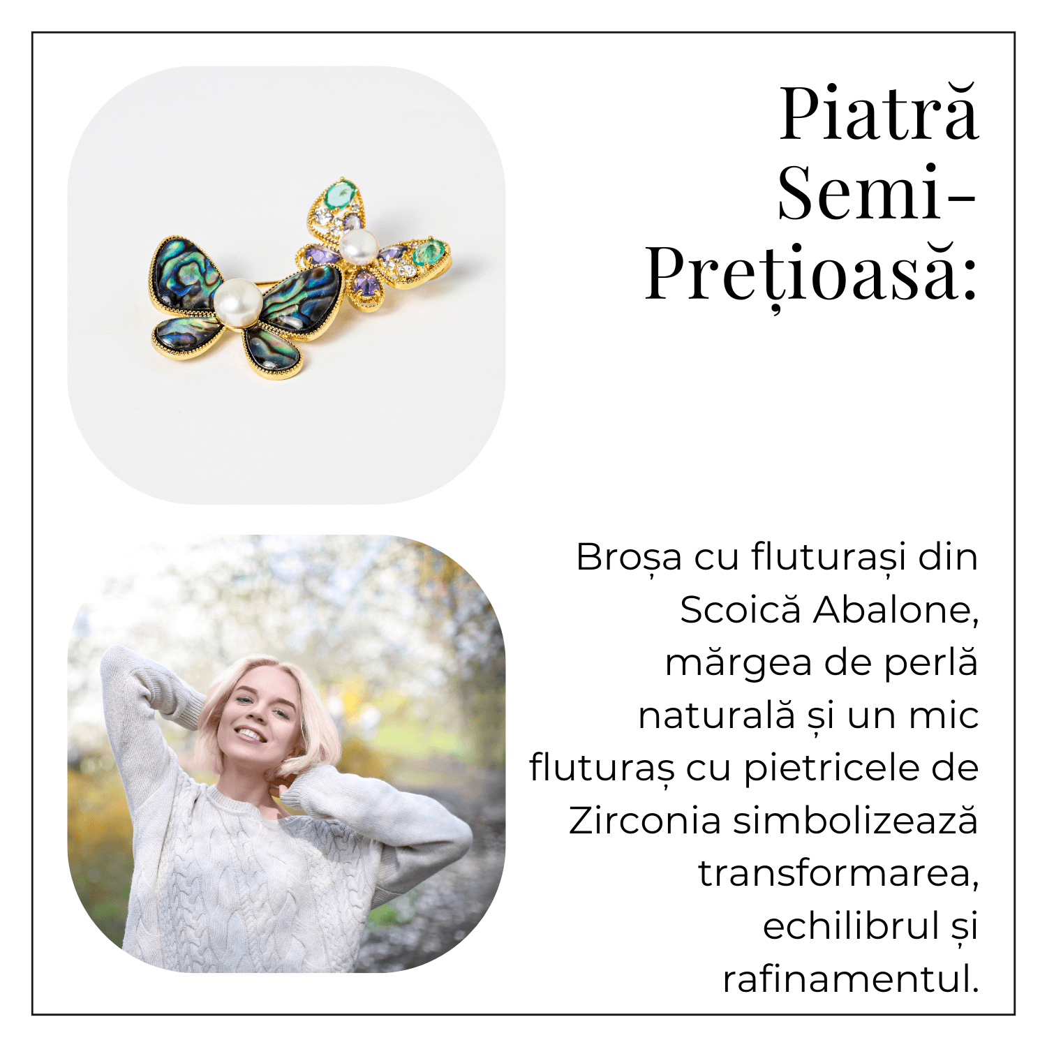 Brosa cu Fluturasi din Scoica Abalone, Perla Naturala si Fluturas cu Pietricele de Zirconia - Eleganta si Stralucire
