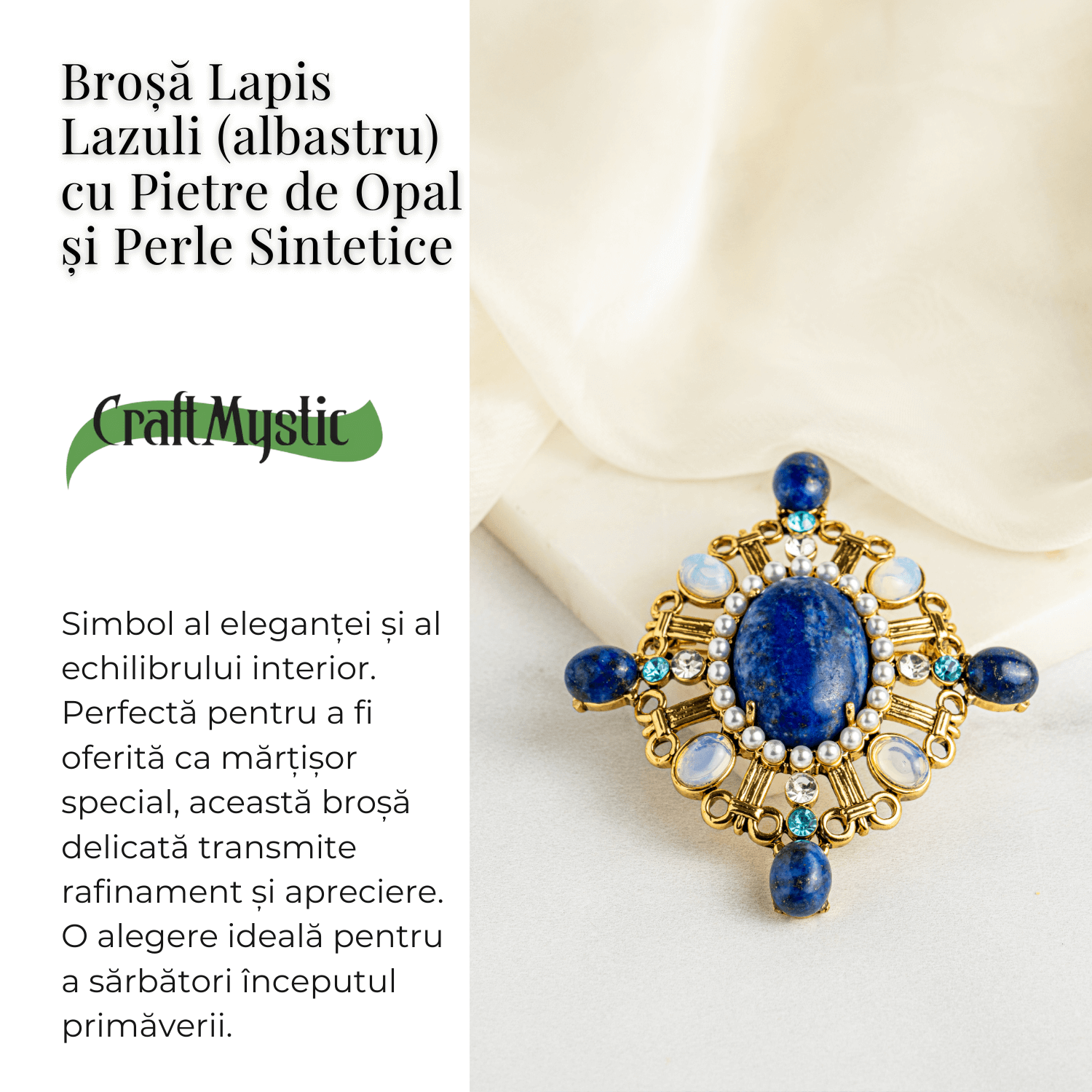 Brosa Lapis Lazuli cu Pietre de Opal si Perle Sintetice