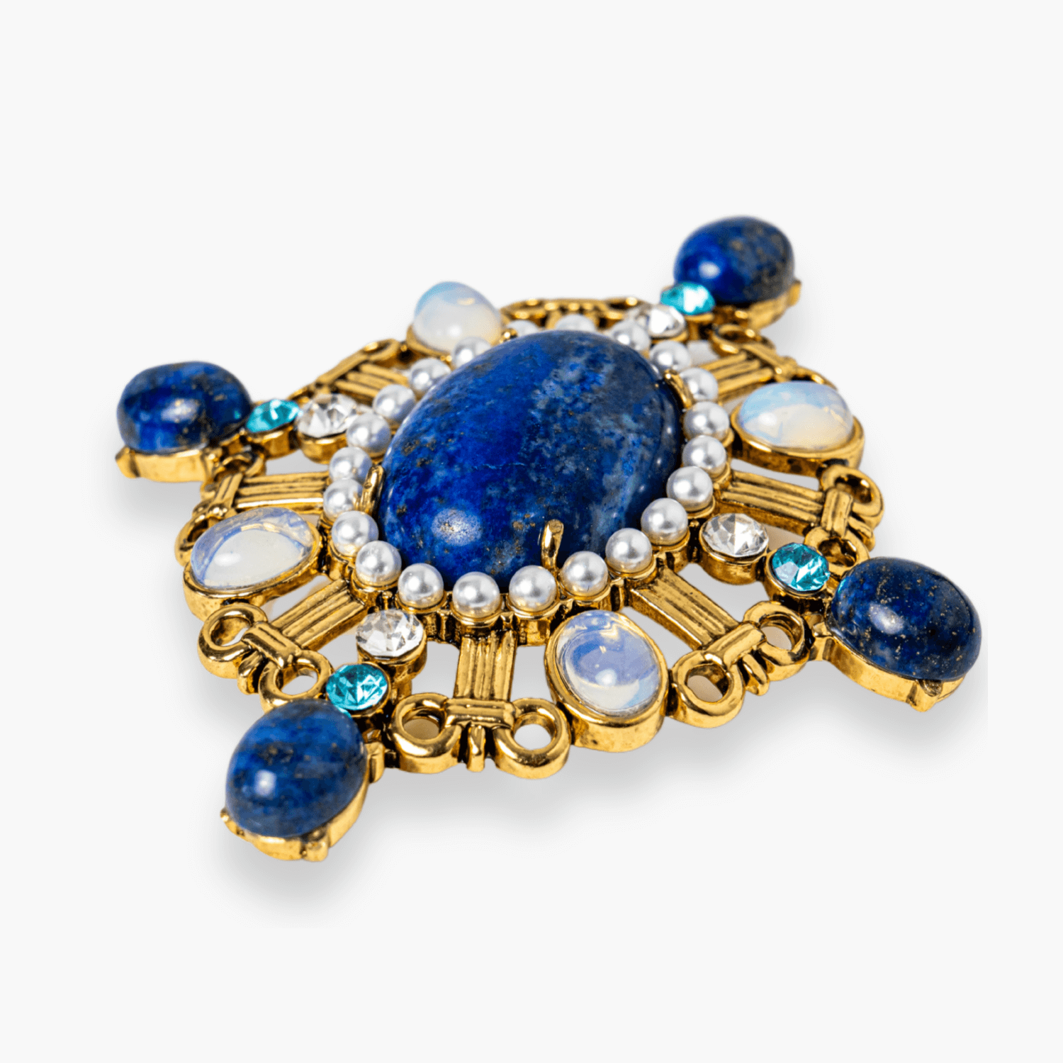 Brosa Lapis Lazuli cu Pietre de Opal si Perle Sintetice