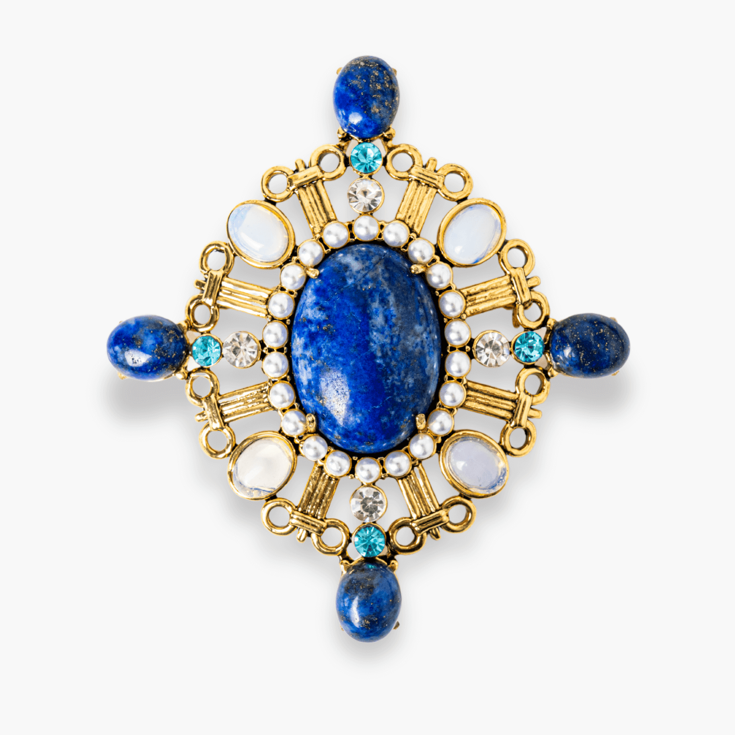 Brosa Lapis Lazuli cu Pietre de Opal si Perle Sintetice