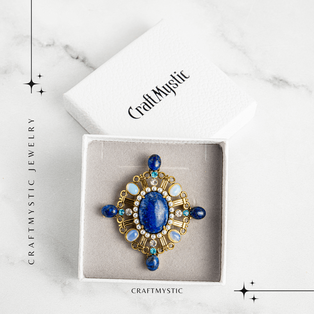 Brosa Lapis Lazuli cu Pietre de Opal si Perle Sintetice
