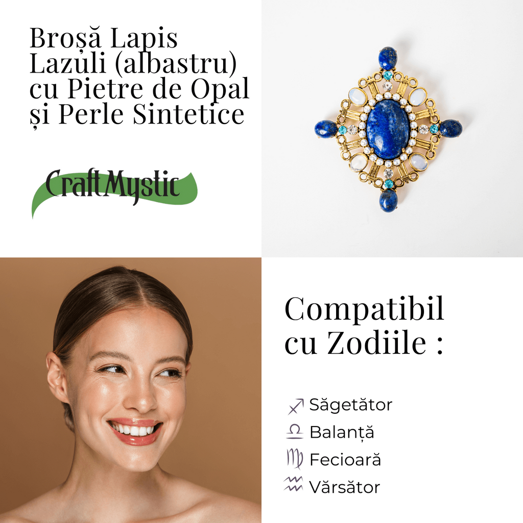Brosa Lapis Lazuli cu Pietre de Opal si Perle Sintetice