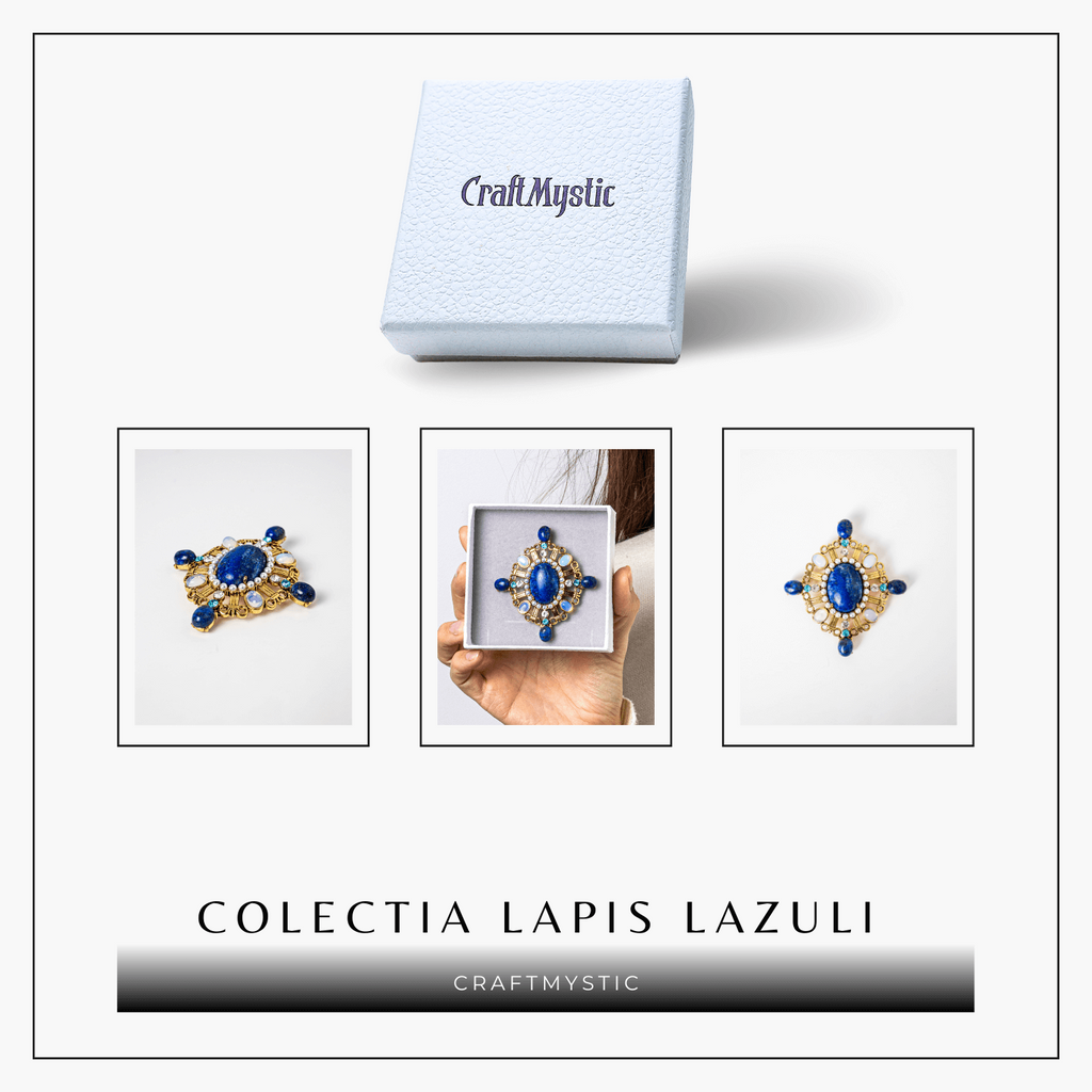 Brosa Lapis Lazuli cu Pietre de Opal si Perle Sintetice