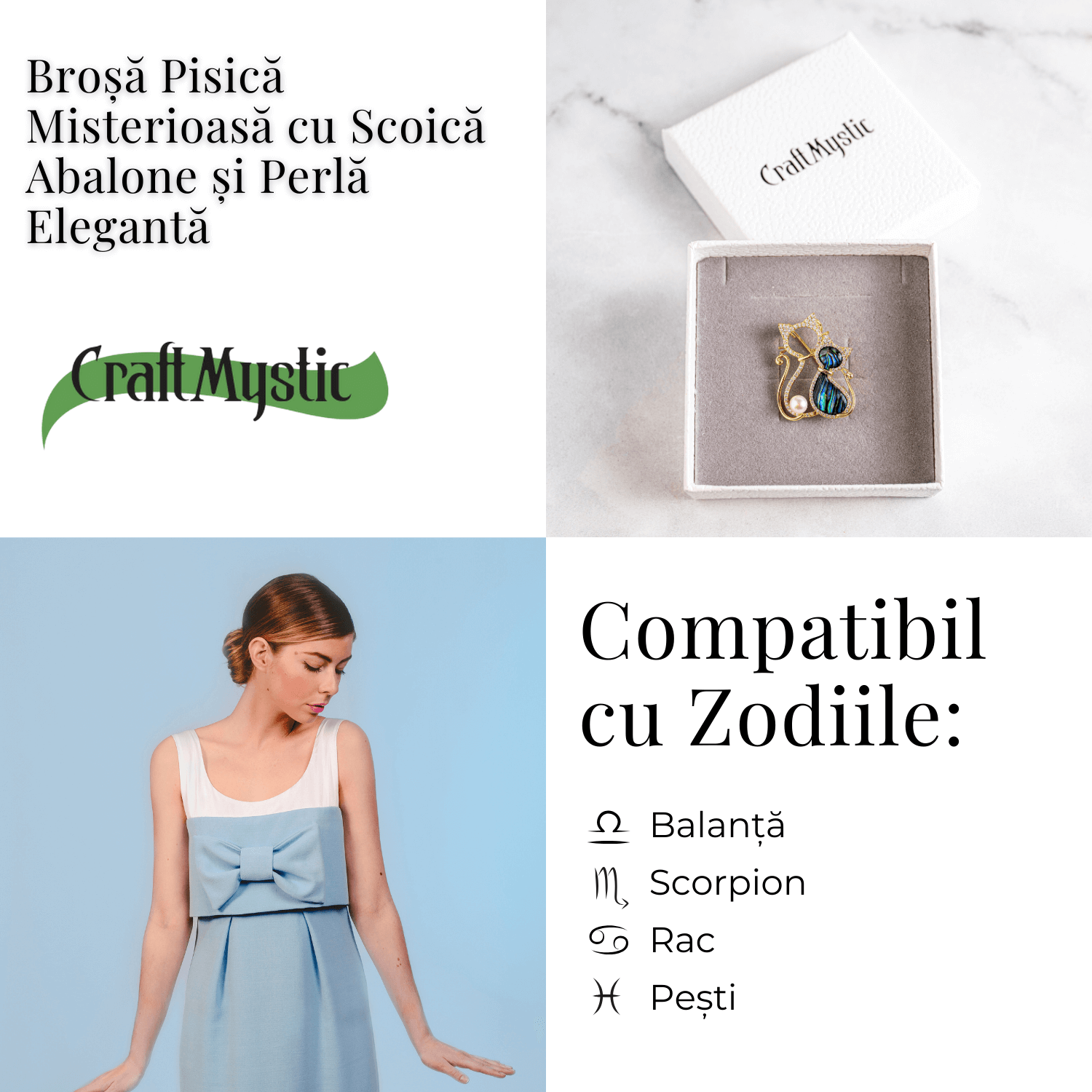 Pisica misterioasa – Brosa cu scoica abalone si perla eleganta