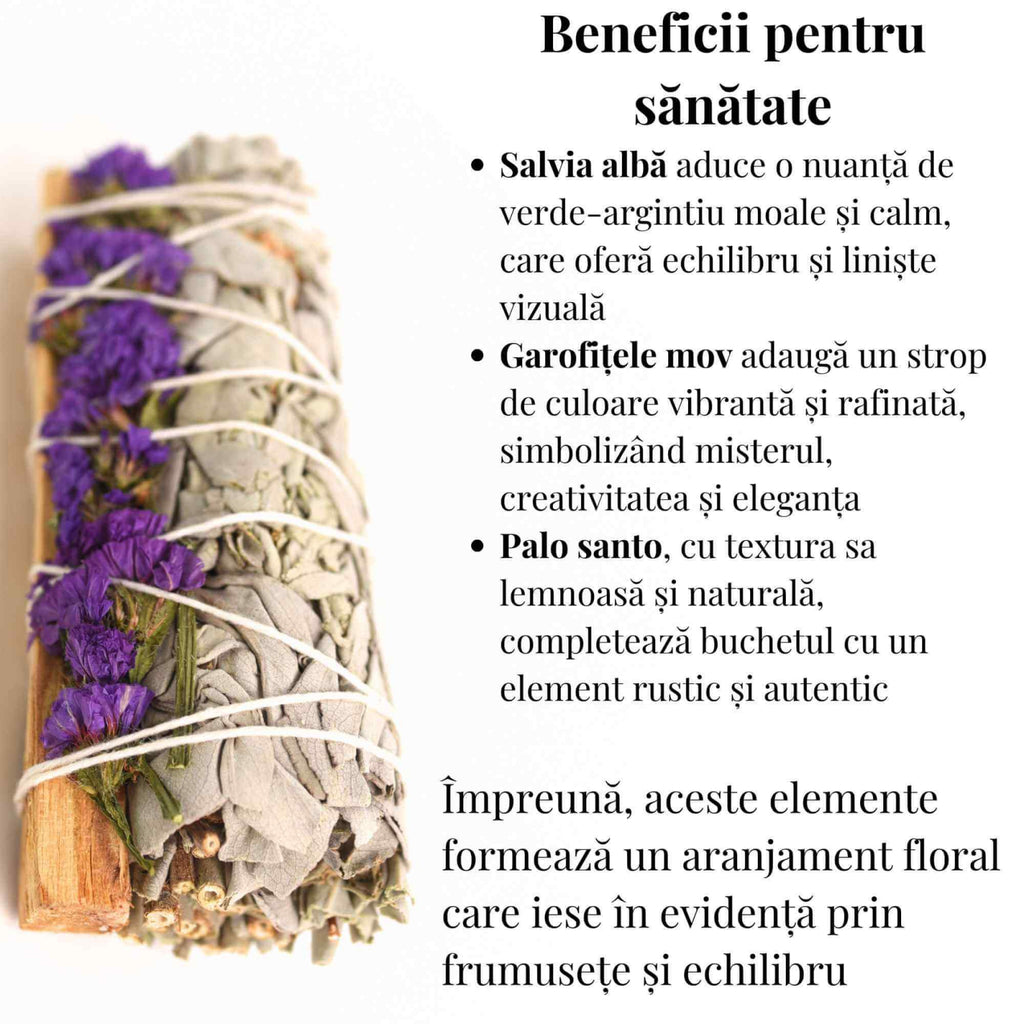 Buchet Salvie Alba California, Palo Santo si Garofite Mov/ Sinuata – Energie Pozitiva si Eleganta