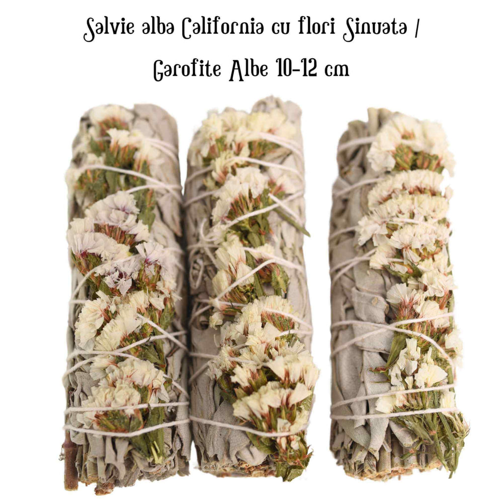 Buchet Salvie Alba California cu Flori Albe de Garofite / Sinuata– Purificare si Armonie
