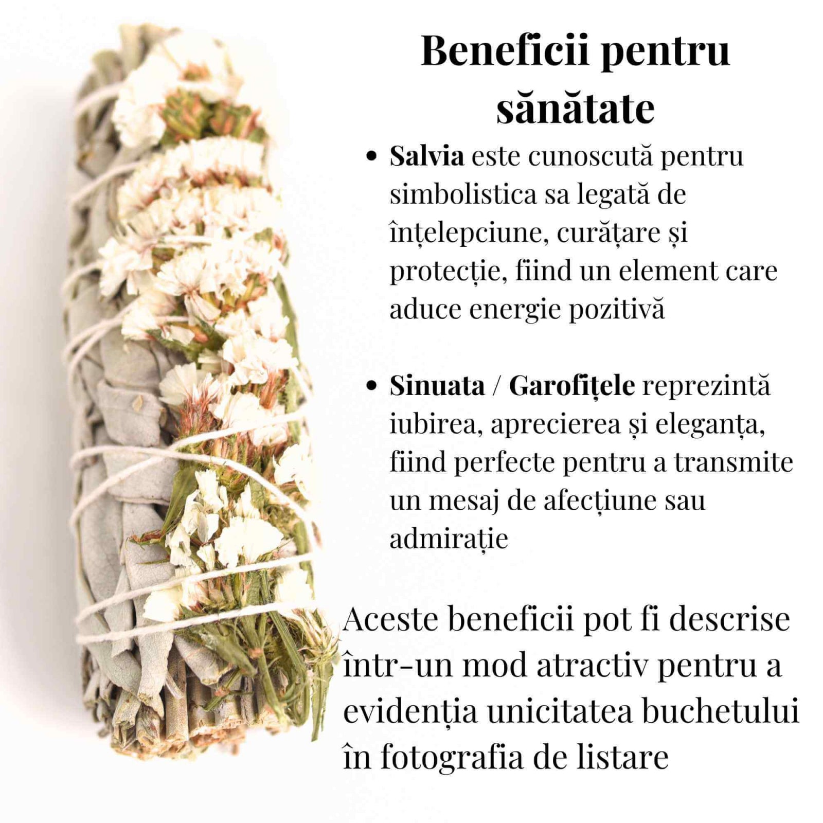 Buchet Salvie Alba California cu Flori Albe de Garofite / Sinuata– Purificare si Armonie