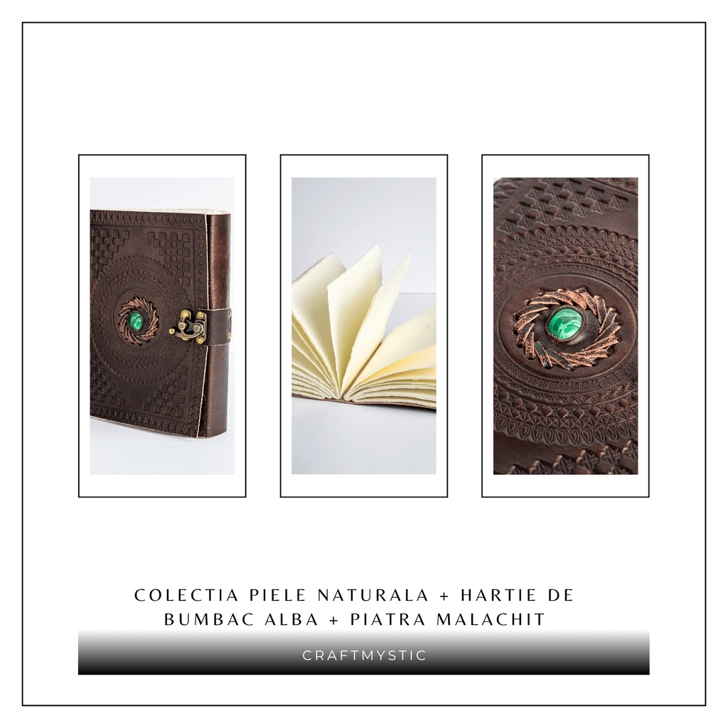 Jurnal din piele naturala cu piatra Malachit – Talisman pentru echilibru si claritate interioara