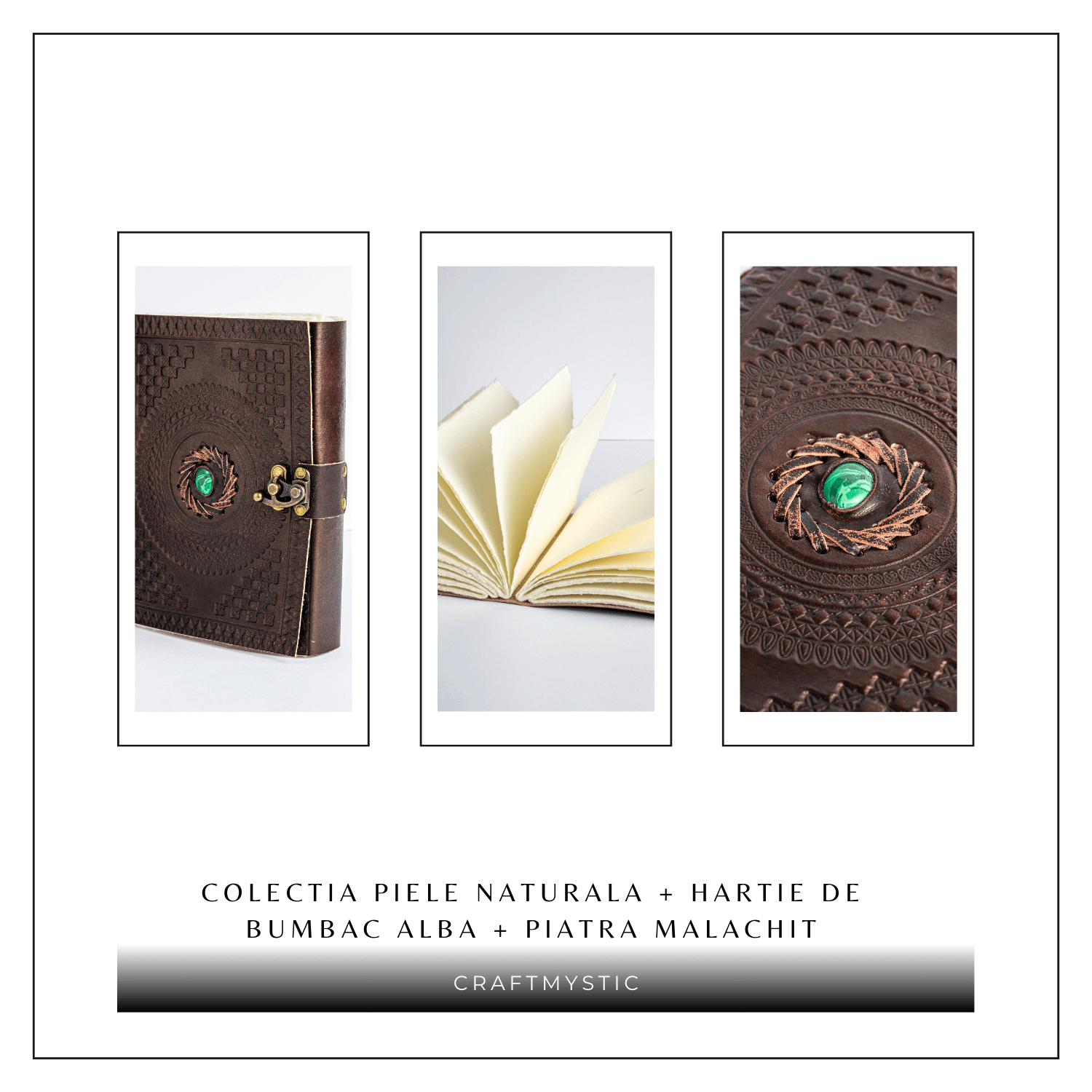 Jurnal din piele naturala cu piatra Malachit – Talisman pentru echilibru si claritate interioara