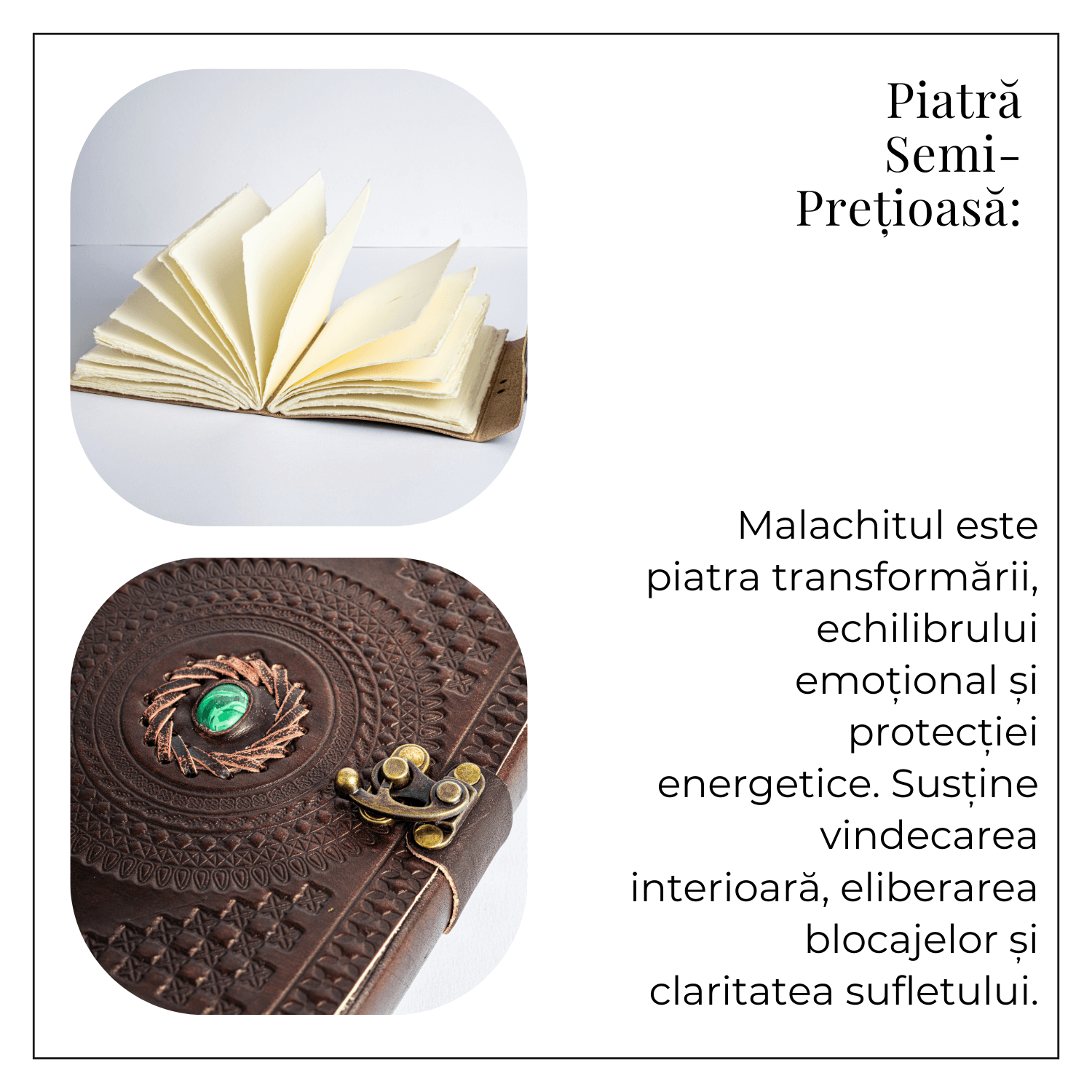 Jurnal din piele naturala cu piatra Malachit – Talisman pentru echilibru si claritate interioara