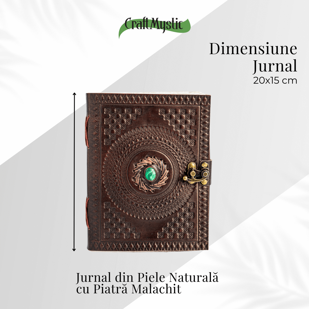 Jurnal din piele naturala cu piatra Malachit – Talisman pentru echilibru si claritate interioara