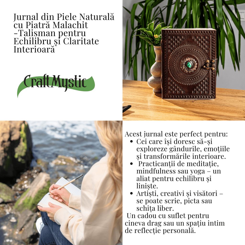 Jurnal din piele naturala cu piatra Malachit – Talisman pentru echilibru si claritate interioara